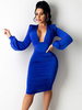 Robe Moulante Mi-longue Femme en Mousseline à Col Décolleté en V avec Manches Longues Amples Coupe Cintrée Unicolore Robe Eté