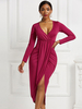 Robe Moulante Mi-longue Femme en Mousseline Sexy avec Manches Longues à Col Décolleté en V Coupe Cintrée avec Fente Unicolore