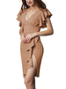Robe Moulante Mi-longue Femme Sexy Eté avec Manches Courtes Volantes Coupe Cintrée avec Fente Unicolore Robe Eté