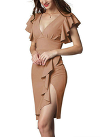 Robe Moulante Mi-longue Femme Sexy Eté avec Manches Courtes Volantes Coupe Cintrée avec Fente Unicolore Robe Eté