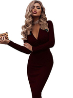 Robe Moulante Mi-longue Sexy à Col Décolleté en V avec Manches Longues Coupe Cintrée Unicolore Robe de Club Sexy