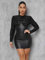 Robe Moulante Noir Courte Paillettes Sexy Manches Longues Robe Crayon