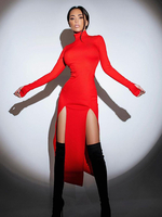 Robe Moulante Noire À Col Haut Fendue Robe Crayon Chic À Manches Longues Sexy