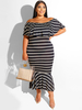 Robe moulante noire grande taille col bateau manches courtes motif rayures robe longue dété décontractée