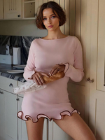 Robe Moulante Rose Élégante À Manches Longues Plissée Femme Volante