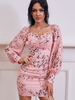 Robe moulante rose pour femme imprimée à manches longues plissée à encolure carrée