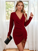 Robe Moulante Rouge À Col En V Plissée À Lacet Sexy À Manches Longues