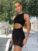 Robe Moulante Sexy Femme Eté Courte à Col Rond avec Bretelles Ouvert sur Devant Unicolore Robe Eté Sexy