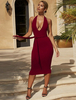 Robe moulante sexy licou dos-nu plongeant dos taille cravate formant la robe longue