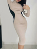 Robe Moulante Sexy Longue Femme à Col Montant avec Manches Longues Coupe Cintrée BIcolores