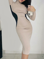 Robe Moulante Sexy Longue Femme à Col Montant avec Manches Longues Coupe Cintrée BIcolores