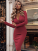 Robe moulante sexy robe de soirée plongeante manches longues formant robe midi