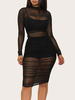 Robe Moulante Transparente à Col Montant avec Manches Longues Coupe Cintrée Unicolore Robe Eté Sexy