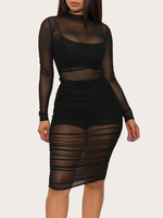 Robe Moulante Transparente à Col Montant avec Manches Longues Coupe Cintrée Unicolore Robe Eté Sexy