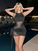 Robe moulante transparente noire à col bijou sans manches nouée sur le côté mini robe froncée sexy pour femmes 2025