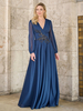 Robe mère de la mariée à col en V et manches longues avec appliques et longueur au sol