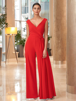 Robe mère de la mère col en V combinaison sans manches plissée longueur au sol robes dinvitées de mariage