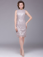 Robe mère de marié fourreau en dentelle et col rond longueur genou Robes pour les invités de mariage