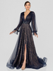 Robe mère de mariée noir en dentelle col V manche longue jupe fendue Robe de soirée