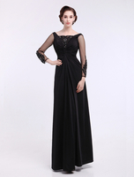 Robe mère de mariée noire A-ligne en polyester avec strass longueur plancher Milanoo