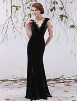 Robe mère de mariée vert foncée A-ligne en velours col V avec dentelle longueur plancher Milanoo