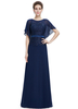 Robe mère de mariés A-ligne en chiffon bleu marine foncé col rond avec ceinture longueur plancher