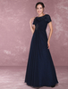 Robe mère de mariés A-ligne en chiffon bleu marine foncé col rond avec perles longueur plancher