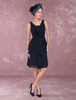Robe mère de mariés A-ligne en chiffon bleu marine foncé col V avec perles longueur genou