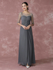 Robe mère de mariés A-ligne en satin mat gris col rond avec perles longueur plancher Milanoo