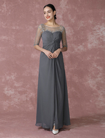 Robe mère de mariés A-ligne en satin mat gris col rond avec perles longueur plancher Milanoo