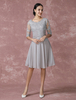 Robe mère de mariés A-ligne en tulle argent col rond avec applique longueur genou Milanoo