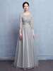 Robe mère de mariés A-ligne Tissu de satin argent col rond avec perles Avec traîne