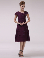 Robe mère de mariés en chiffon pourpre de col V multicouche Robes pour les invités de mariage