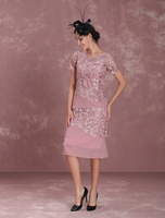 Robe mère de mariés fourreau en chiffon Cameo Rose col V avec noeud longueur mollet