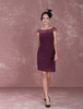 Robe mère de mariés fourreau en chiffon Prune col rond avec dentelle mini