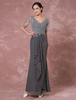 Robe mère de mariés fourreau en satin stretch gris col V avec pan latéral longueur plancher Robes pour les invités de mariage