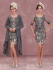 Robe mère de mariés fourreau Tissu de satin gris col V avec perles longueur genou