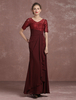 Robe mère de mariés sirène en dentelle bordeaux col V à tordu longueur plancher Milanoo