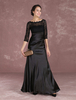 Robe mère de mariés sirène Tissu de satin noir col rond plissé longueur plancher