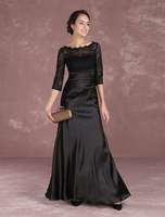 Robe mère de mariés sirène Tissu de satin noir col rond plissé longueur plancher