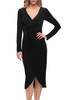 Robe mère noire col en v manches longues gaine plissée polyester moulante robes dinvité pour le mariage