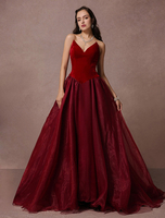 Robe énigmatique de soirée A-ligne en velours bordeaux col V Avec traîne