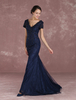 robe énigmatique de soirée sirène en satin mat bleu marine foncé avec perles col V Avec traîne