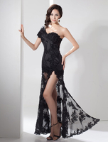 Robe noire élégante de soirée fourreau en taffetas avec perles à une épaule longueur plancher Milanoo