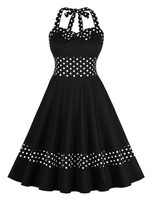 Robe noire vintage des années 1950 à pois avec licou et dos nu