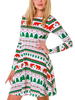 Robe Noël Imprimé Courte à Col Rond avec Manches Longues Coupe Cintrée Robe T-shirt