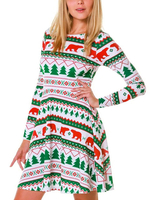 Robe Noël Imprimé Courte à Col Rond avec Manches Longues Coupe Cintrée Robe T-shirt