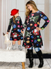 Robe Noël Imprimé Courte à Col Rond avec Manches Longues Coupe Cintrée Robe T-shirt