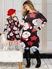 Robe Noël Imprimé Courte à Col Rond avec Manches Longues Coupe Cintrée Robe T-shirt