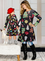 Robe Noël Imprimé Courte à Col Rond avec Manches Longues Coupe Cintrée Robe T-shirt